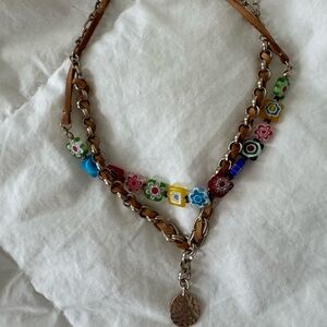 Colorful Free People Beaded Necklace with Silver Accents and leather